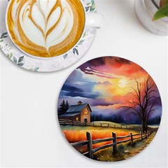 Rural Farm Fence Pathway Sunset Uv Print Round Tile Coaster by Bedest