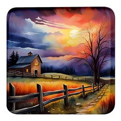 Rural Farm Fence Pathway Sunset Square Glass Fridge Magnet (4 pack)