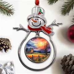 Rural Farm Fence Pathway Sunset Metal Snowman Ornament