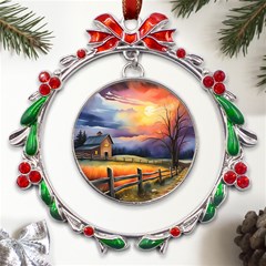 Rural Farm Fence Pathway Sunset Metal X mas Wreath Ribbon Ornament