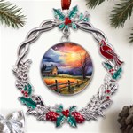 Rural Farm Fence Pathway Sunset Metal X mas Wreath Holly leaf Ornament Front