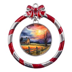 Rural Farm Fence Pathway Sunset Metal Red Ribbon Round Ornament