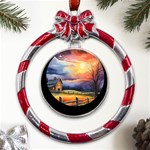 Rural Farm Fence Pathway Sunset Metal Red Ribbon Round Ornament Front