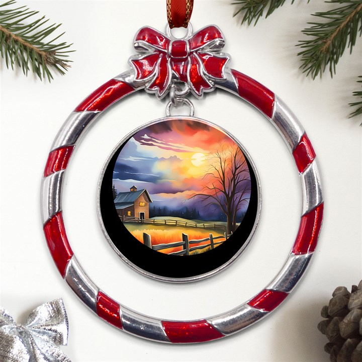 Rural Farm Fence Pathway Sunset Metal Red Ribbon Round Ornament