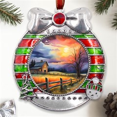 Rural Farm Fence Pathway Sunset Metal X Mas Ribbon With Red Crystal Round Ornament