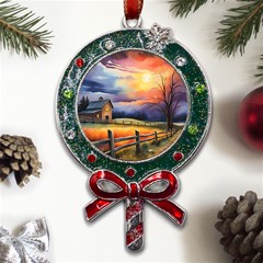 Rural Farm Fence Pathway Sunset Metal X Mas Lollipop with Crystal Ornament