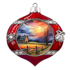 Rural Farm Fence Pathway Sunset Metal Snowflake And Bell Red Ornament