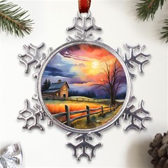 Rural Farm Fence Pathway Sunset Metal Large Snowflake Ornament