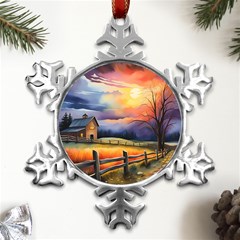 Rural Farm Fence Pathway Sunset Metal Small Snowflake Ornament