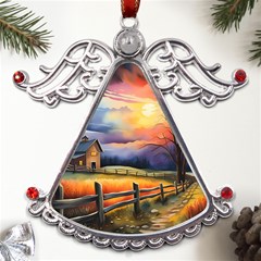 Rural Farm Fence Pathway Sunset Metal Angel with Crystal Ornament