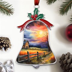 Rural Farm Fence Pathway Sunset Metal Holly Leaf Bell Ornament