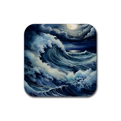 Waves Storm Sea Moon Landscape Rubber Coaster (square) by Bedest