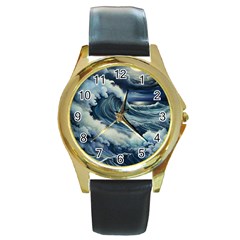 Waves Storm Sea Moon Landscape Round Gold Metal Watch