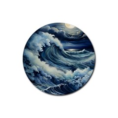 Waves Storm Sea Moon Landscape Rubber Coaster (round) by Bedest