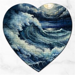 Waves Storm Sea Moon Landscape Jigsaw Puzzle (heart) by Bedest