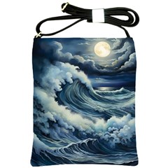 Waves Storm Sea Moon Landscape Shoulder Sling Bag by Bedest