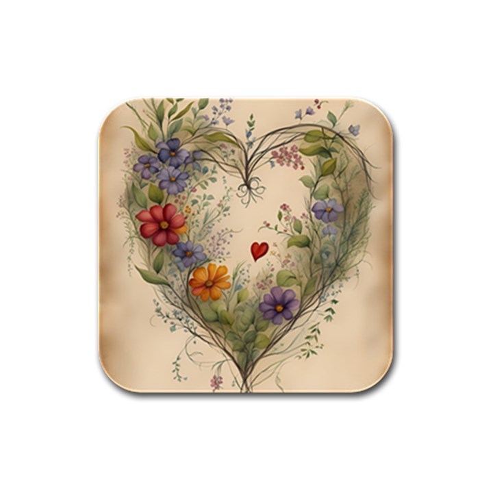 Heart Flowers Plant Rubber Square Coaster (4 pack)