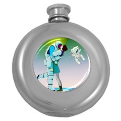 Astronaut Cat Retro Cute Alien Round Hip Flask (5 Oz) by Bedest