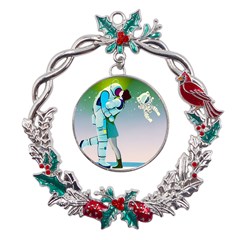 Astronaut Cat Retro Cute Alien Metal X mas Wreath Holly Leaf Ornament by Bedest