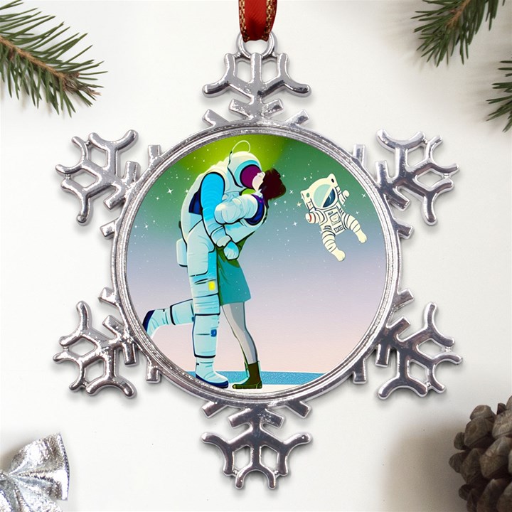 Astronaut Cat Retro Cute Alien Metal Large Snowflake Ornament