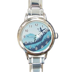 Swan Flying Bird Wings Waves Grass Round Italian Charm Watch by Bedest