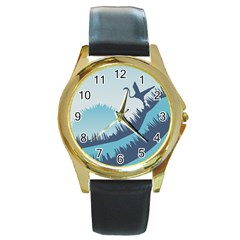 Swan Flying Bird Wings Waves Grass Round Gold Metal Watch by Bedest