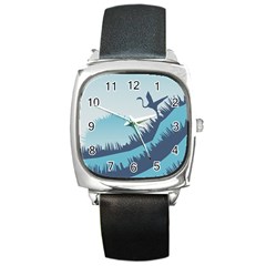 Swan Flying Bird Wings Waves Grass Square Metal Watch by Bedest