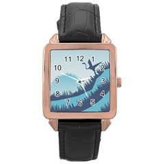 Swan Flying Bird Wings Waves Grass Rose Gold Leather Watch  by Bedest