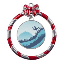 Swan Flying Bird Wings Waves Grass Metal Red Ribbon Round Ornament