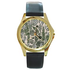 Plants Leaves Boho Botany Foliage Round Gold Metal Watch by Bedest