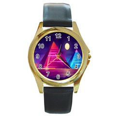 Egyptian Pyramids Night Landscape Cartoon Round Gold Metal Watch by Ndabl3x