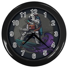 Illustration Astronaut Cosmonaut Paying Skateboard Sport Space With Astronaut Suit Wall Clock (black) by Ndabl3x