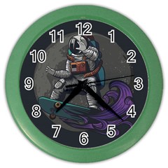 Illustration Astronaut Cosmonaut Paying Skateboard Sport Space With Astronaut Suit Color Wall Clock by Ndabl3x