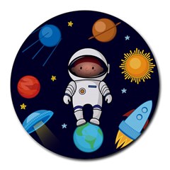 Boy Spaceman Space Rocket Ufo Planets Stars Round Mousepad by Ndabl3x