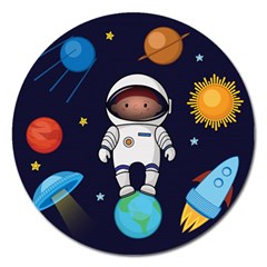 Boy Spaceman Space Rocket Ufo Planets Stars Magnet 5  (round) by Ndabl3x