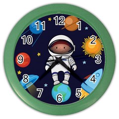 Boy Spaceman Space Rocket Ufo Planets Stars Color Wall Clock by Ndabl3x