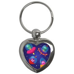 Cartoon Funny Aliens With Ufo Duck Starry Sky Set Key Chain (heart) by Ndabl3x