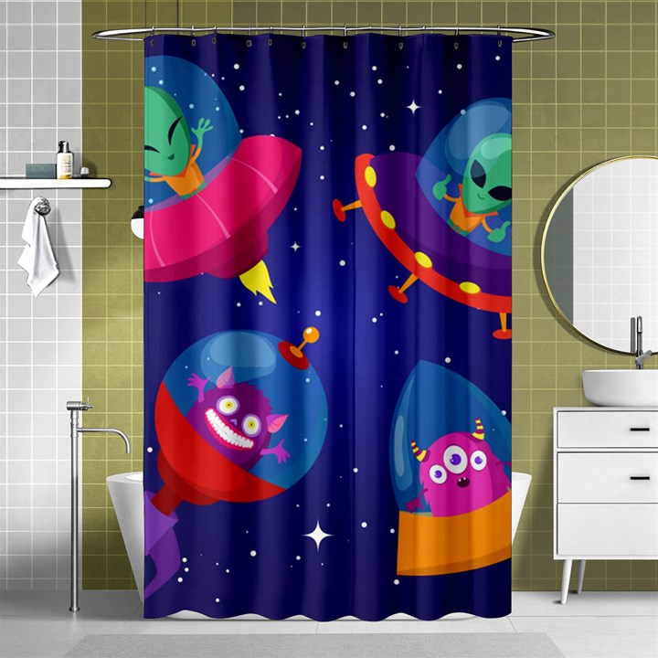 Cartoon Funny Aliens With Ufo Duck Starry Sky Set Shower Curtain 48  x 72  (Small) 