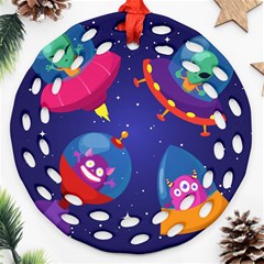 Cartoon Funny Aliens With Ufo Duck Starry Sky Set Round Filigree Ornament (two Sides) by Ndabl3x