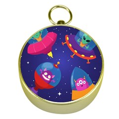 Cartoon Funny Aliens With Ufo Duck Starry Sky Set Gold Compasses by Ndabl3x