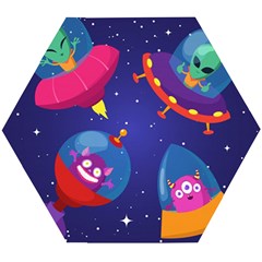 Cartoon Funny Aliens With Ufo Duck Starry Sky Set Wooden Puzzle Hexagon by Ndabl3x