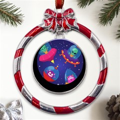 Cartoon Funny Aliens With Ufo Duck Starry Sky Set Metal Red Ribbon Round Ornament by Ndabl3x