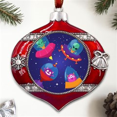 Cartoon Funny Aliens With Ufo Duck Starry Sky Set Metal Snowflake And Bell Red Ornament by Ndabl3x