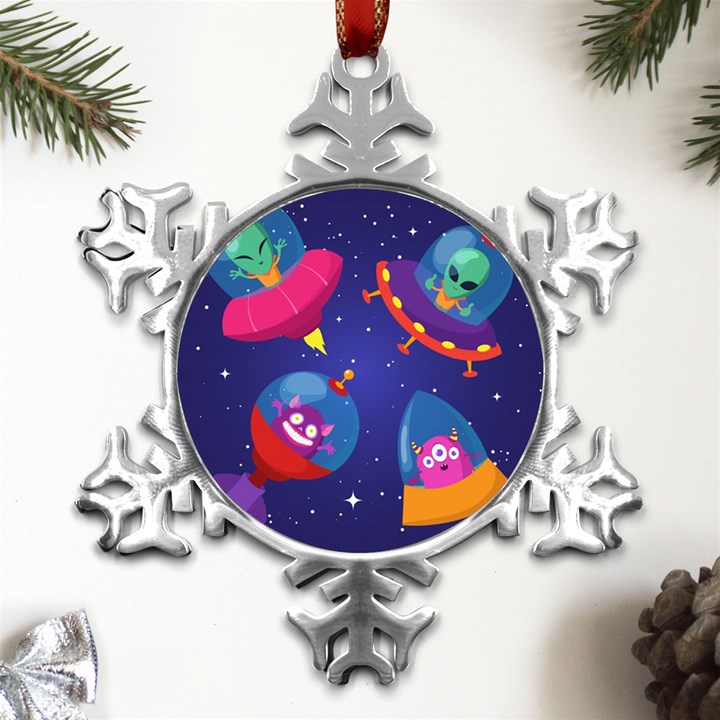 Cartoon Funny Aliens With Ufo Duck Starry Sky Set Metal Small Snowflake Ornament