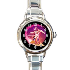 Astronaut Spacesuit Standing Surfboard Surfing Milky Way Stars Round Italian Charm Watch by Ndabl3x