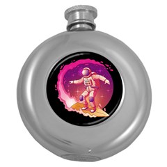 Astronaut Spacesuit Standing Surfboard Surfing Milky Way Stars Round Hip Flask (5 Oz) by Ndabl3x