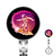 Astronaut Spacesuit Standing Surfboard Surfing Milky Way Stars Stainless Steel Nurses Watch by Ndabl3x