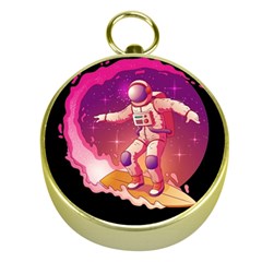 Astronaut Spacesuit Standing Surfboard Surfing Milky Way Stars Gold Compasses by Ndabl3x