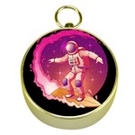 Astronaut Spacesuit Standing Surfboard Surfing Milky Way Stars Gold Compasses Front