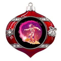 Astronaut Spacesuit Standing Surfboard Surfing Milky Way Stars Metal Snowflake And Bell Red Ornament by Ndabl3x